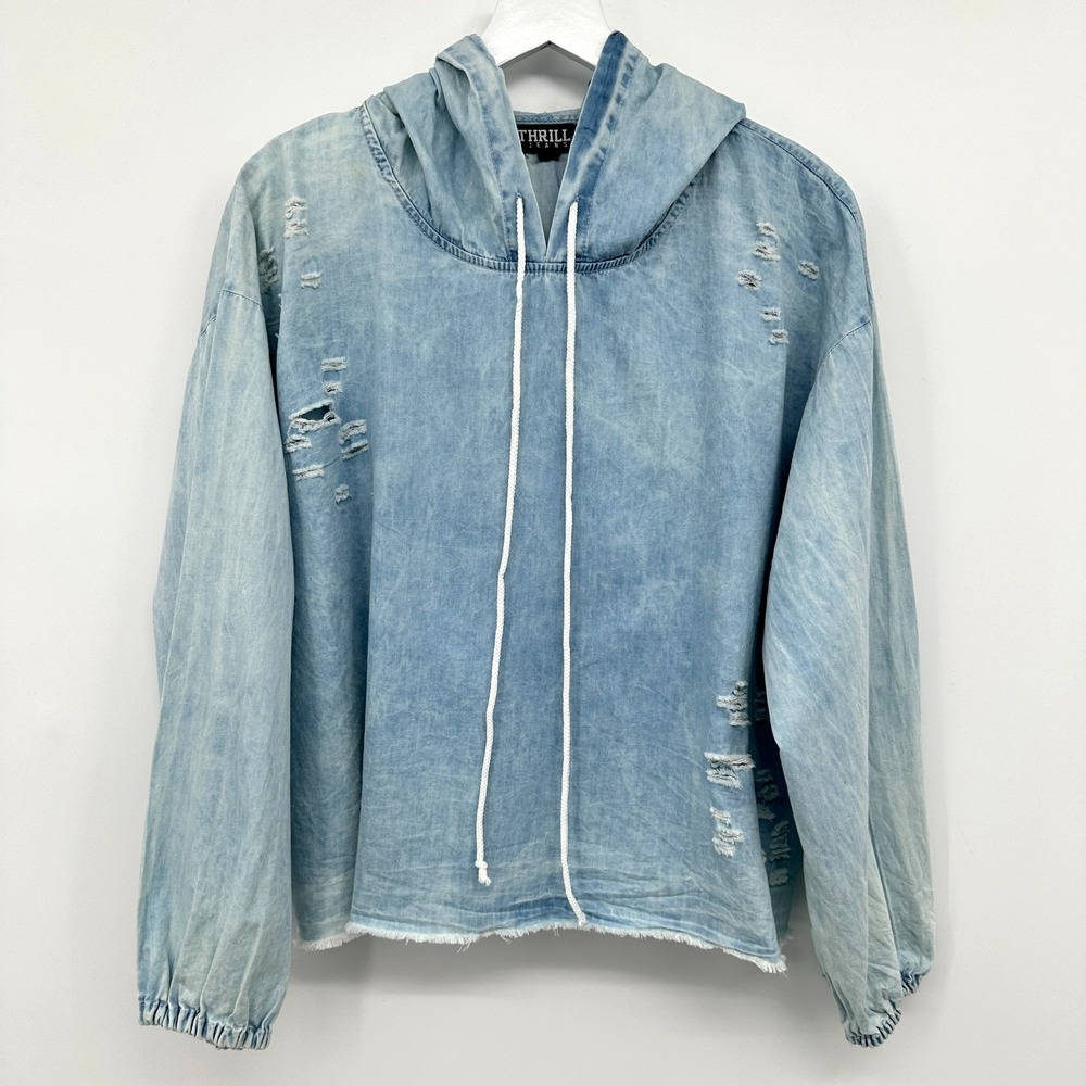 Thrill Jeans Chambray Top Shirt‎ Hoodie Size 2X Distressing Ripped Indie Grunge